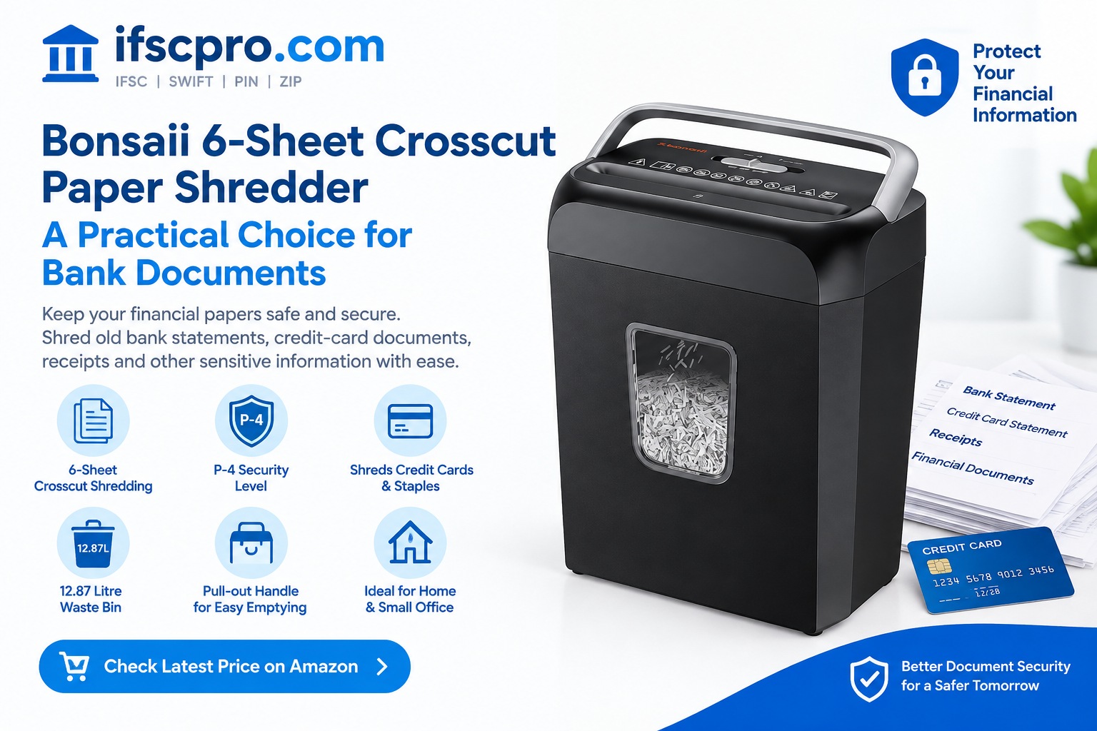 Bonsaii 6-Sheet Crosscut Paper Shredder For Bank Documents